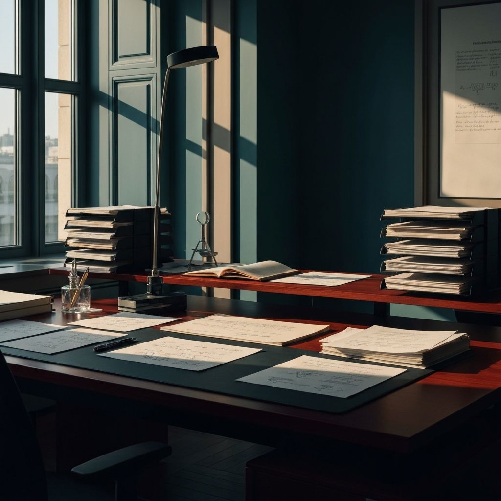 Academic research workspace with scientific materials